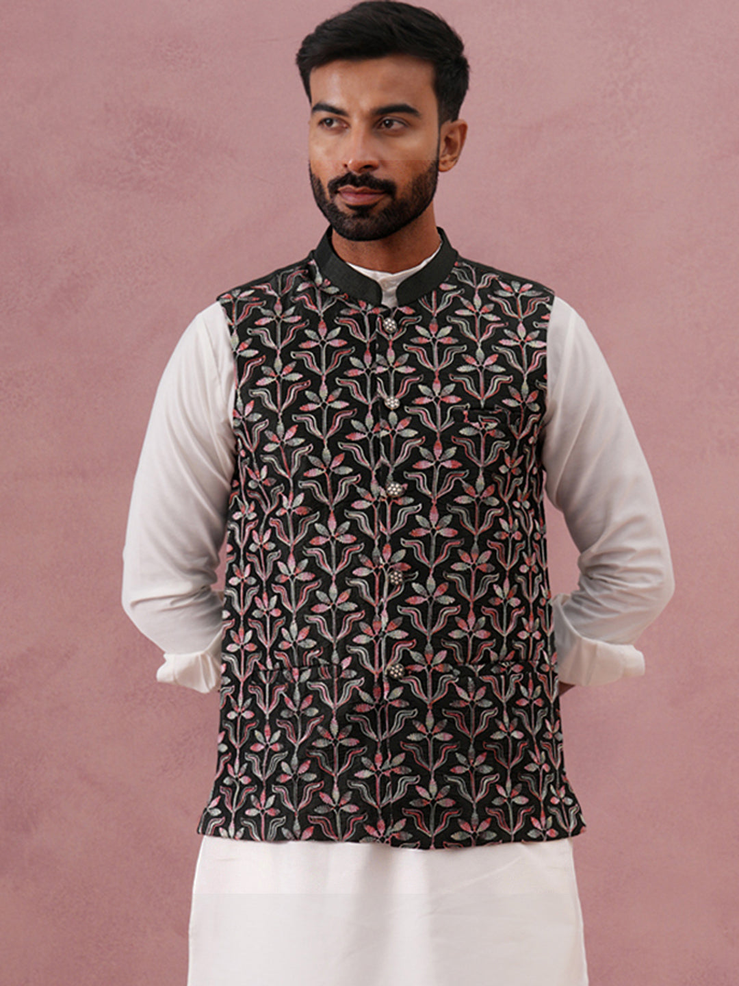 Floral Embroidered Silk Nehru Jacket ( JOWC 4142 Mehndi )