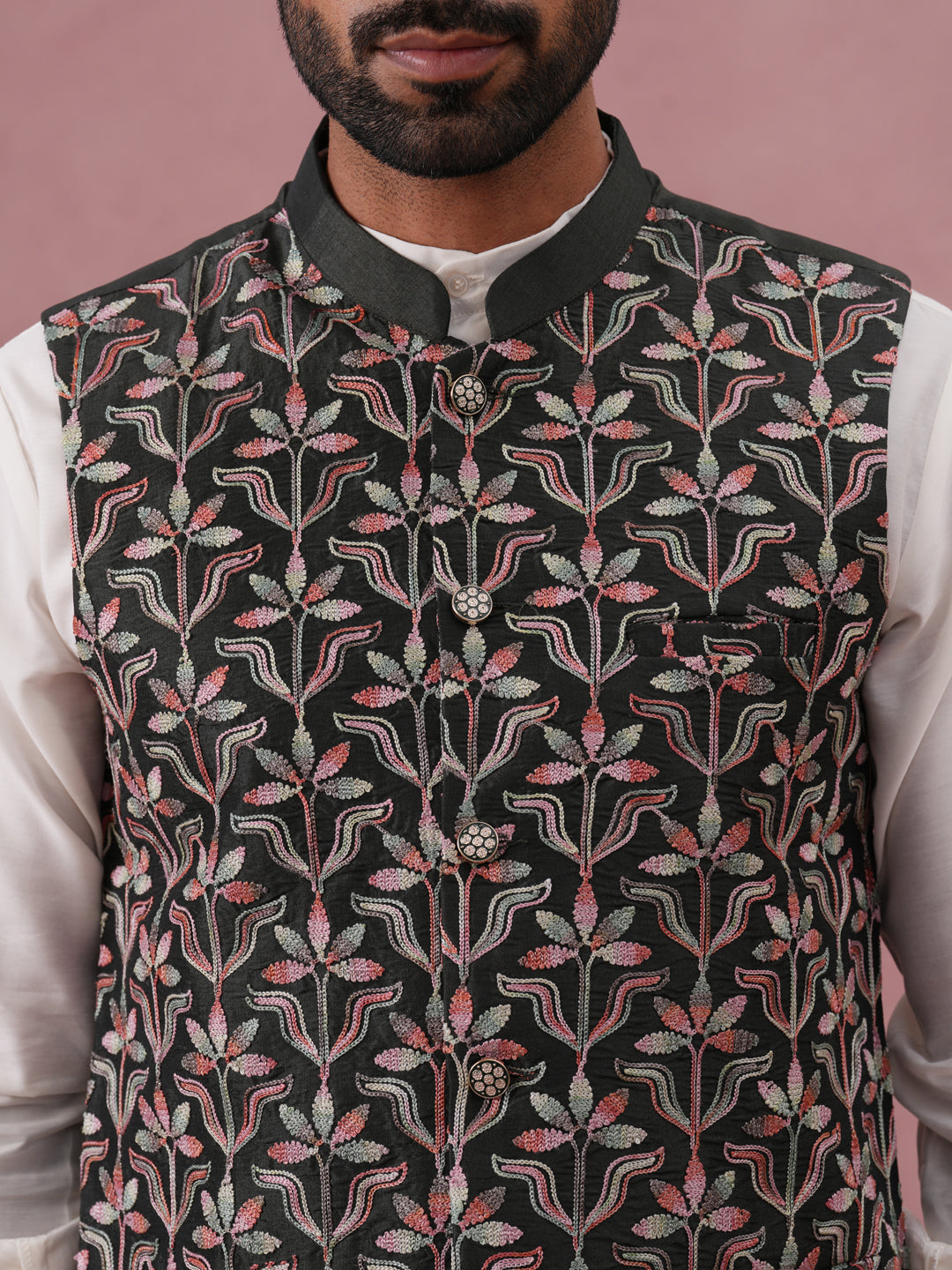 Floral Embroidered Silk Nehru Jacket ( JOWC 4142 Mehndi )