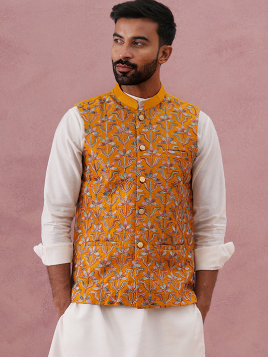 Floral Embroidered Silk Nehru Jacket ( JOWC 4142 Mustard )