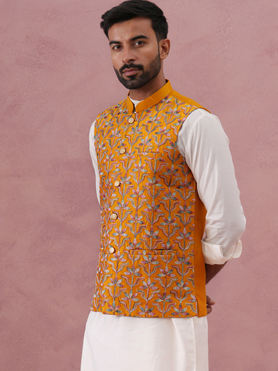 Floral Embroidered Silk Nehru Jacket ( JOWC 4142 Mustard )
