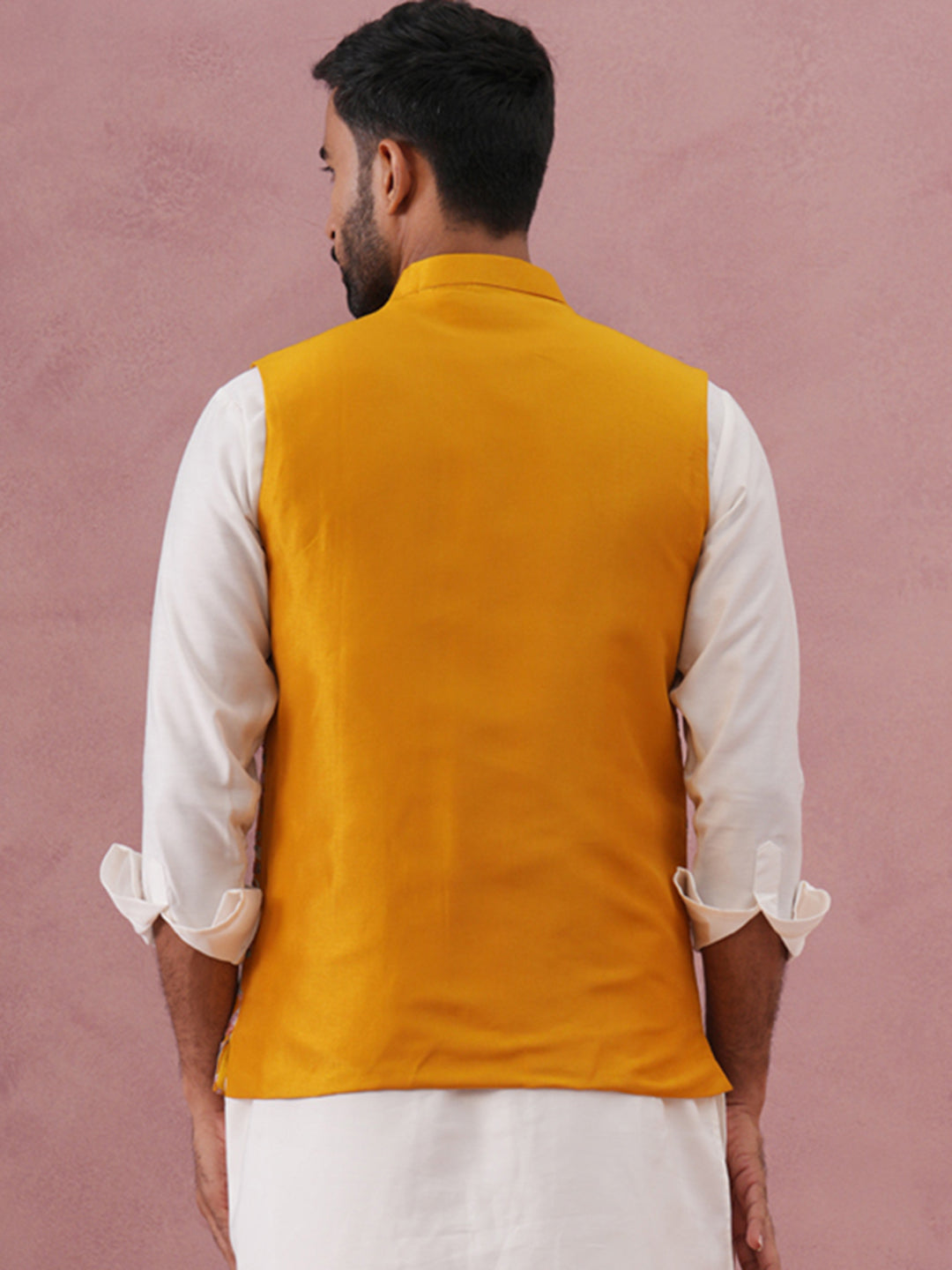 Floral Embroidered Silk Nehru Jacket ( JOWC 4142 Mustard )