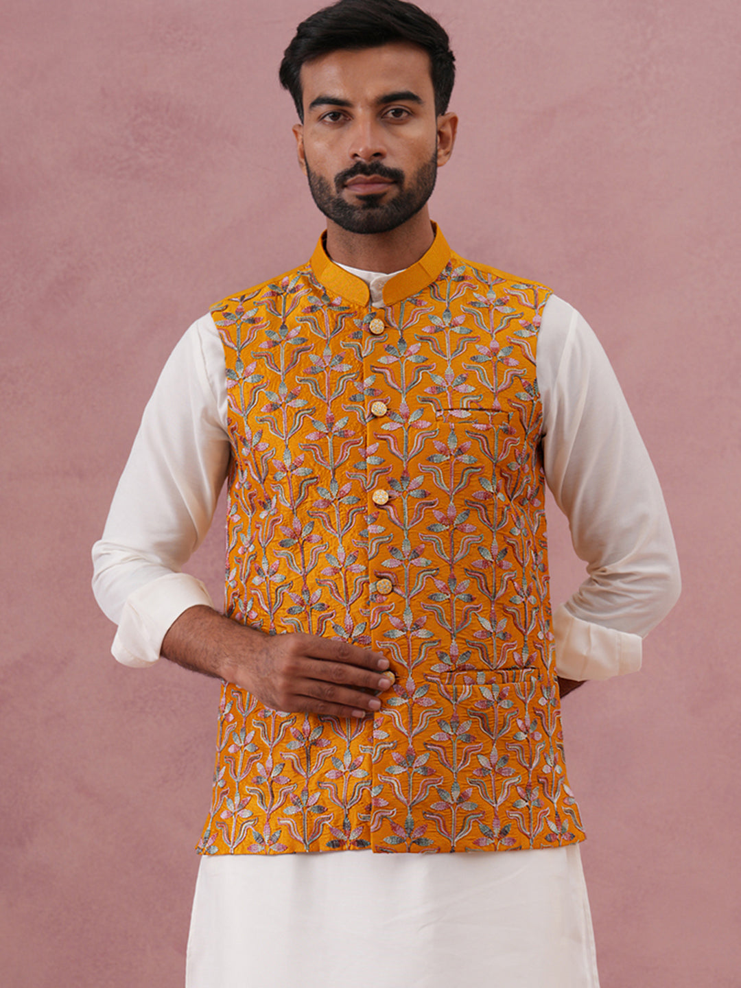 Floral Embroidered Silk Nehru Jacket ( JOWC 4142 Mustard )