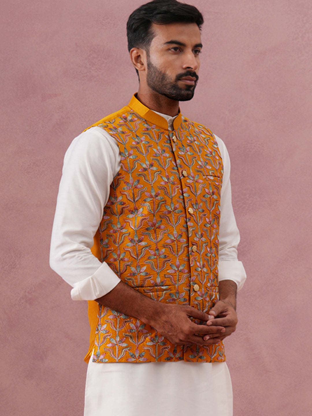 Floral Embroidered Silk Nehru Jacket ( JOWC 4142 Mustard )