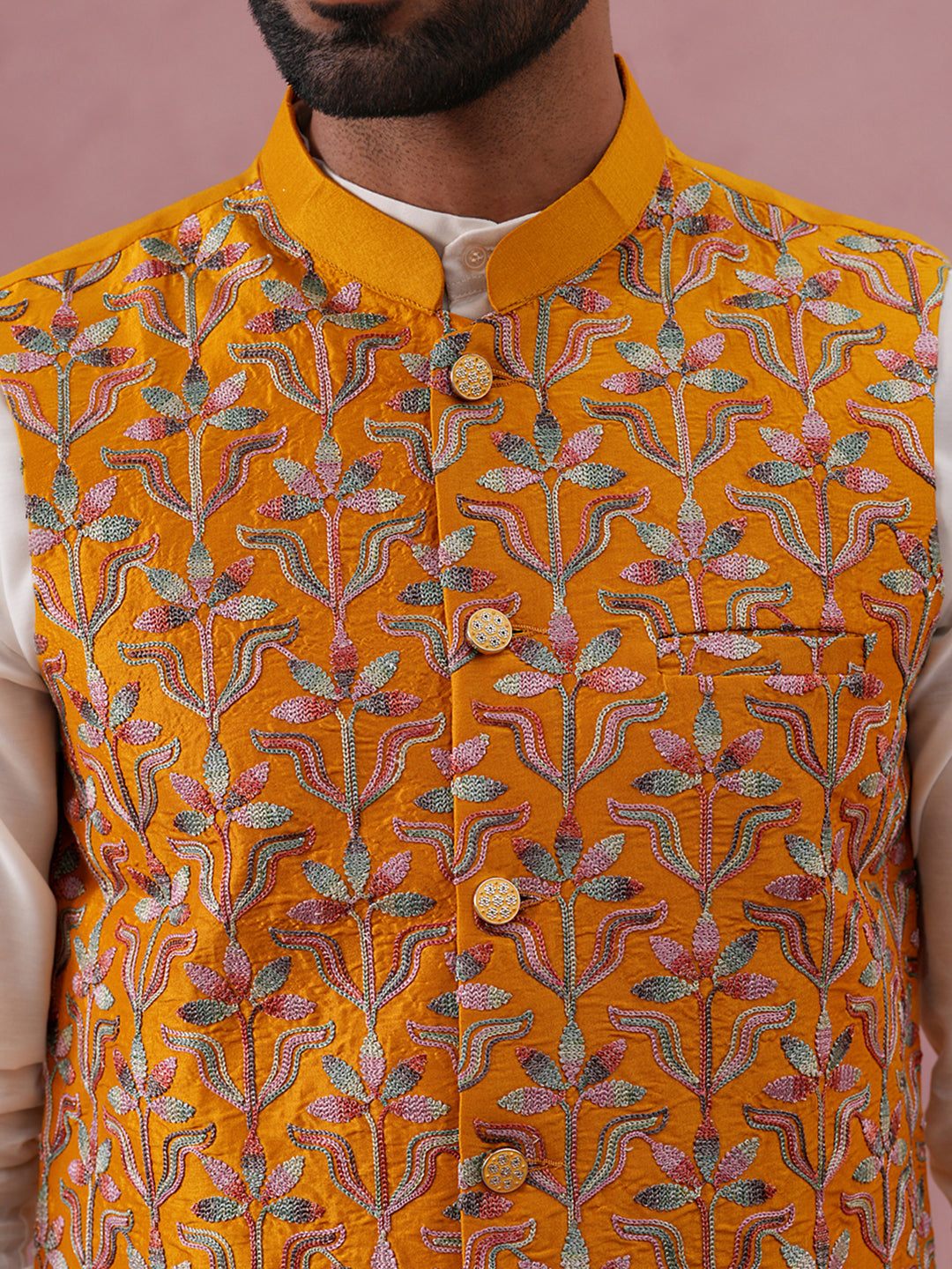 Floral Embroidered Silk Nehru Jacket ( JOWC 4142 Mustard )