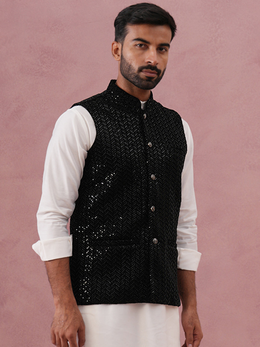Men Velvet Sequin Work Nehru Jacket ( JOWC 4144 Black)