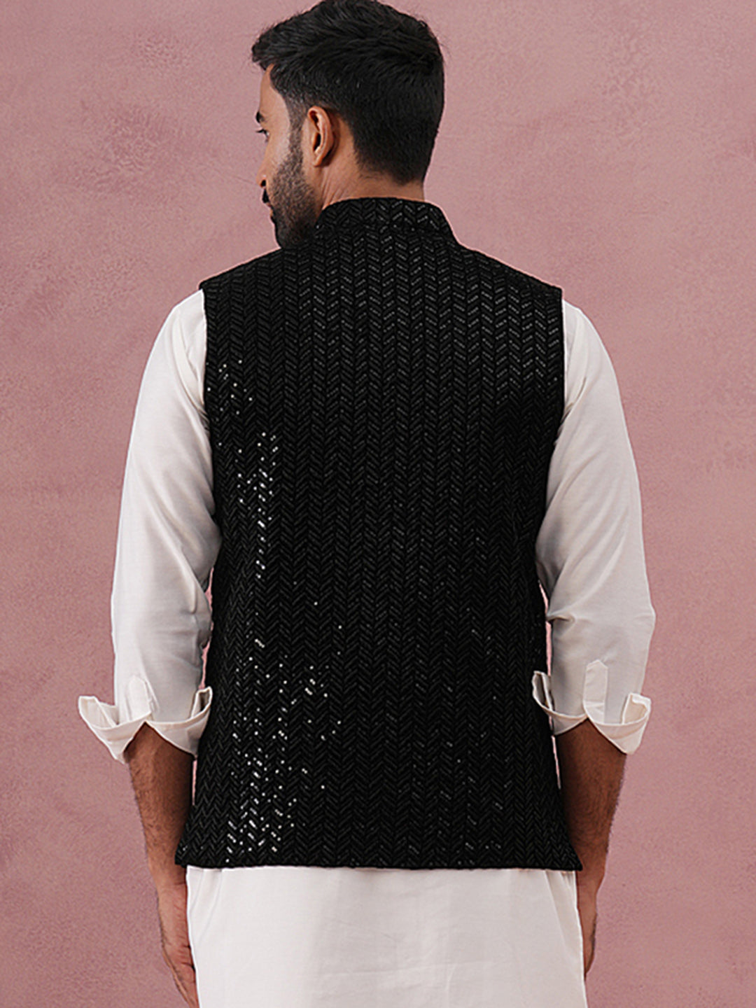 Men Velvet Sequin Work Nehru Jacket ( JOWC 4144 Black)