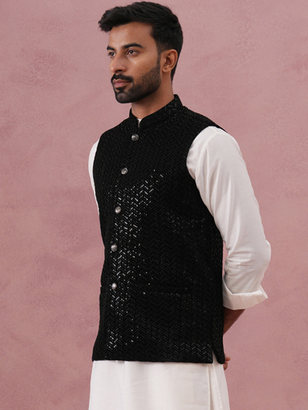 Men Velvet Sequin Work Nehru Jacket ( JOWC 4144 Black)