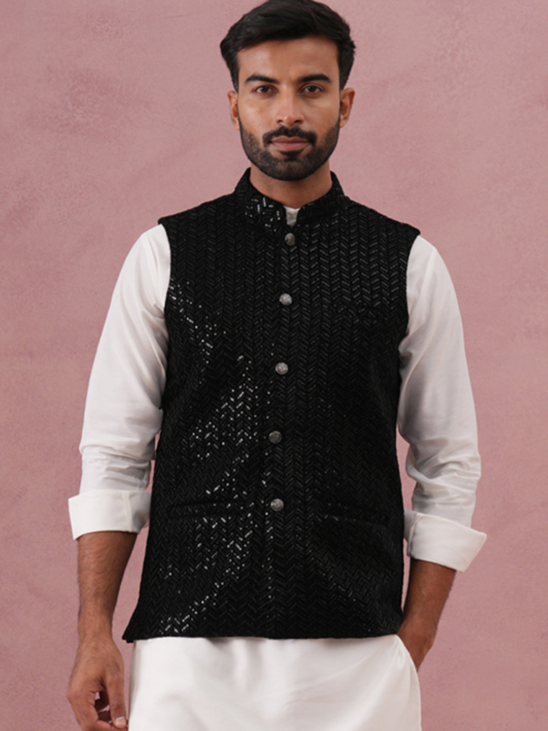 Men Velvet Sequin Work Nehru Jacket ( JOWC 4144 Black)