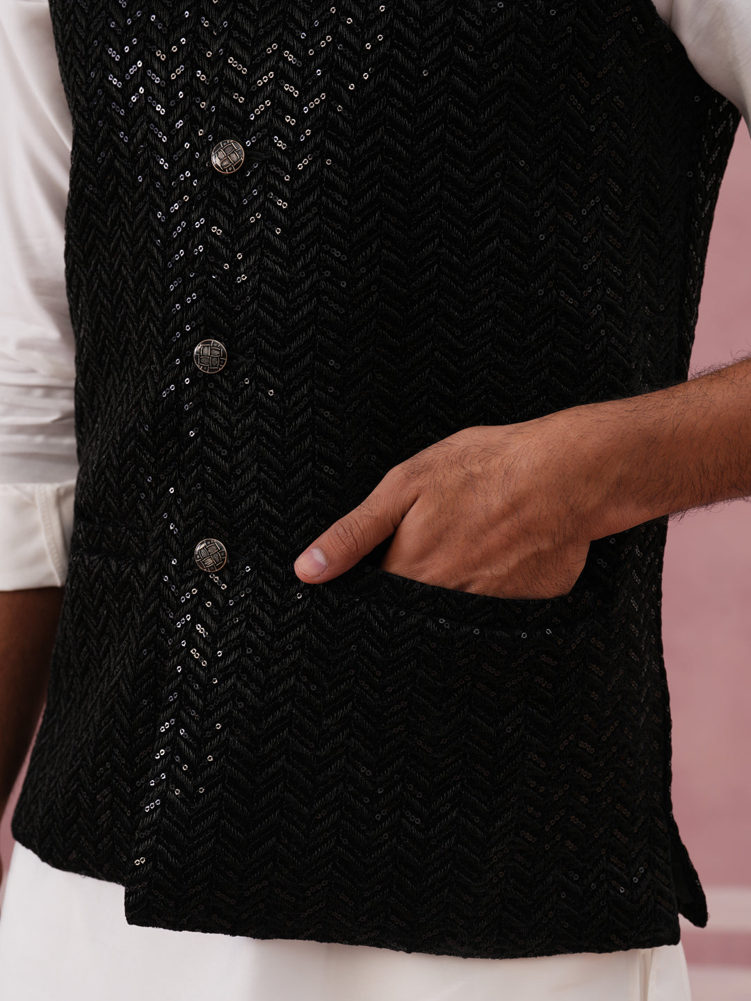 Men Velvet Sequin Work Nehru Jacket ( JOWC 4144 Black)