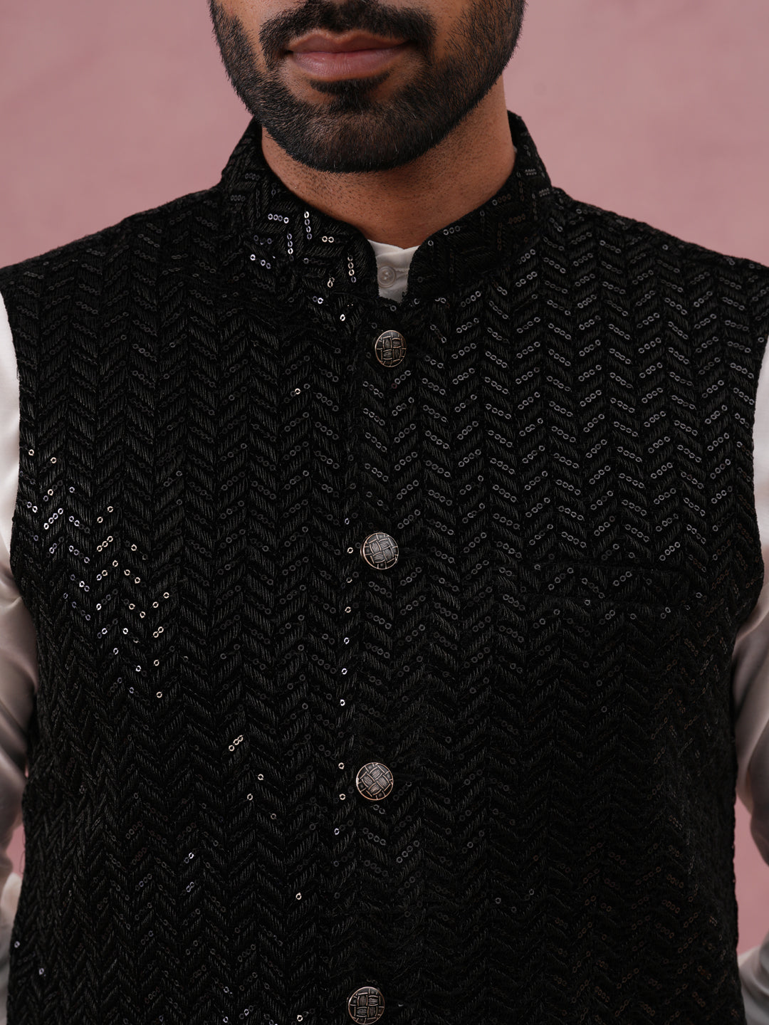 Men Velvet Sequin Work Nehru Jacket ( JOWC 4144 Black)