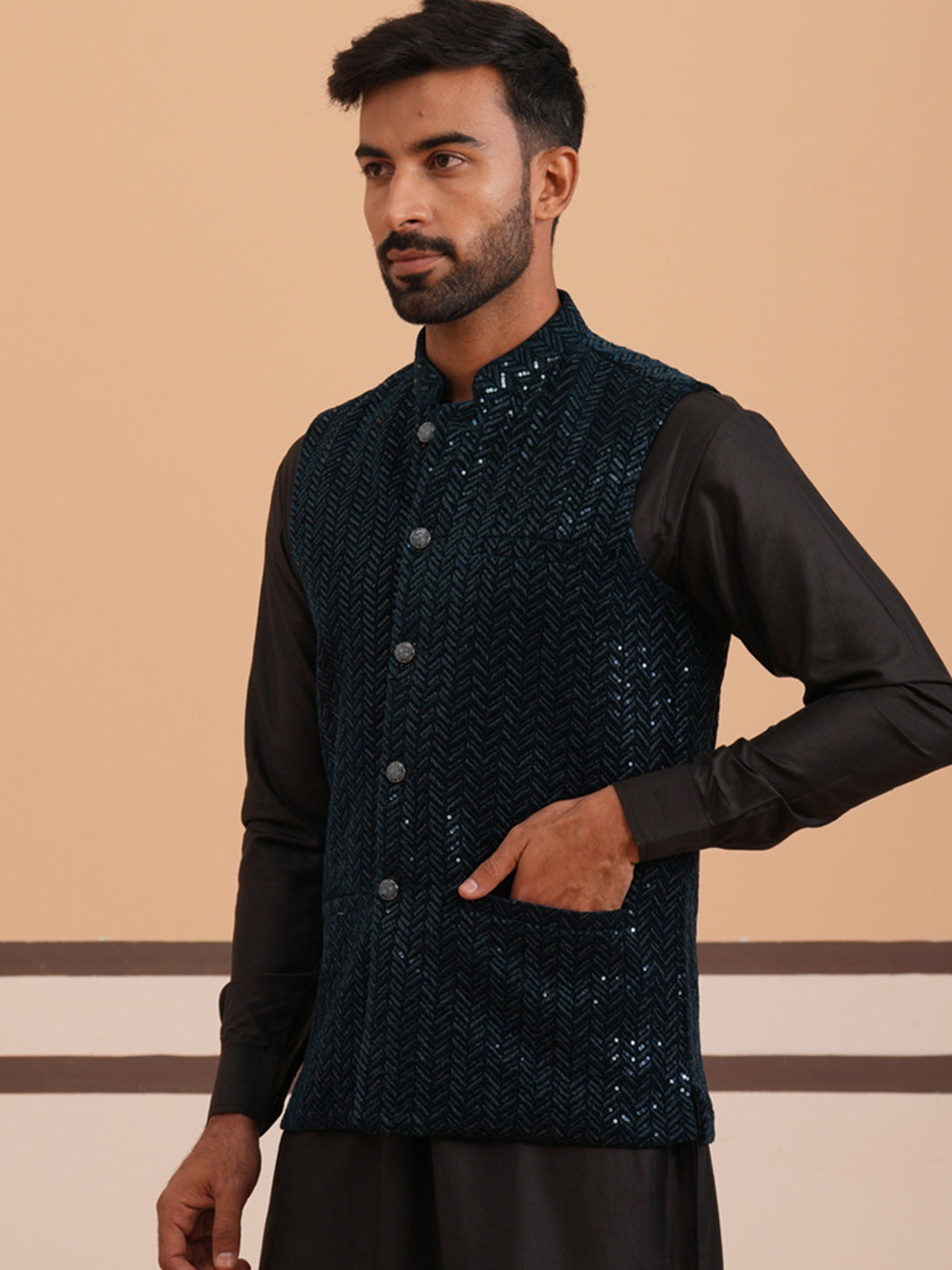 Men Velvet Sequin Work Nehru Jacket ( JOWC 4144 Navy)