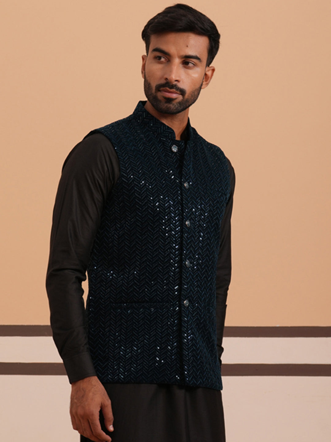 Men Velvet Sequin Work Nehru Jacket ( JOWC 4144 Navy)
