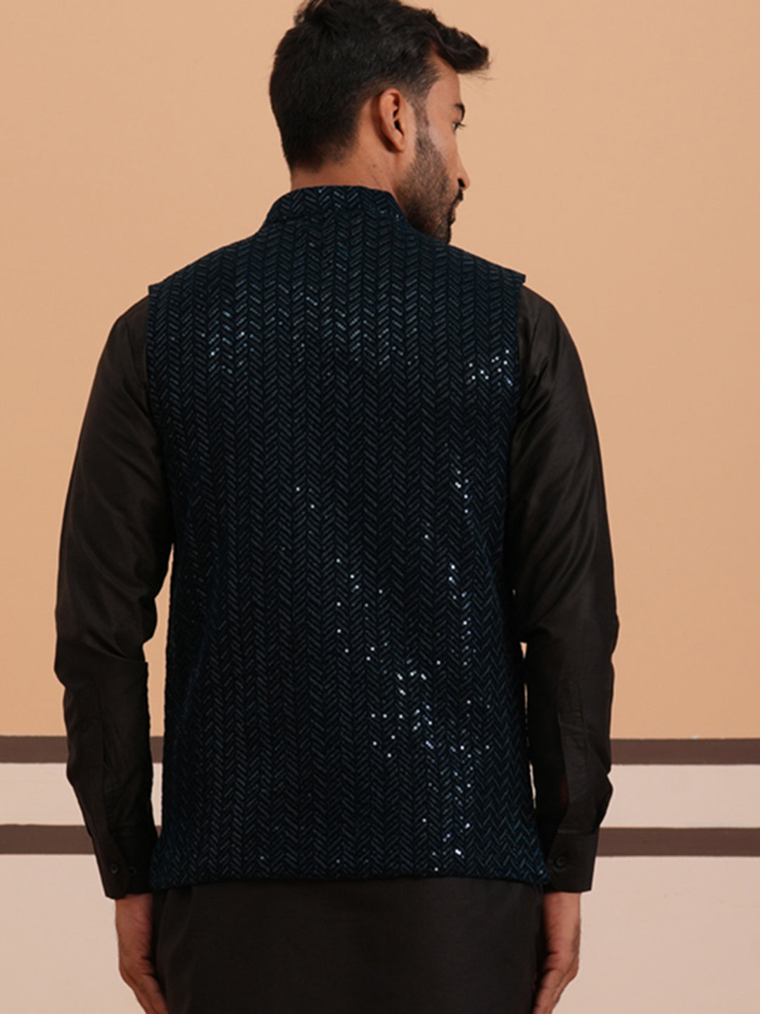 Men Velvet Sequin Work Nehru Jacket ( JOWC 4144 Navy)