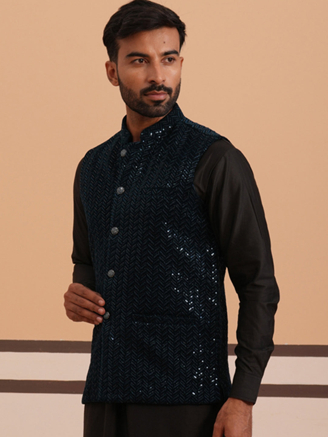 Men Velvet Sequin Work Nehru Jacket ( JOWC 4144 Navy)