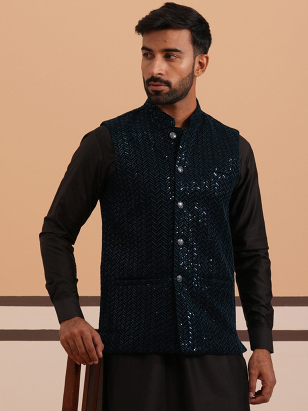 Men Velvet Sequin Work Nehru Jacket ( JOWC 4144 Navy)