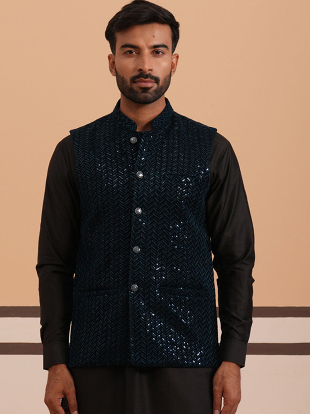 Men Velvet Sequin Work Nehru Jacket ( JOWC 4144 Navy)