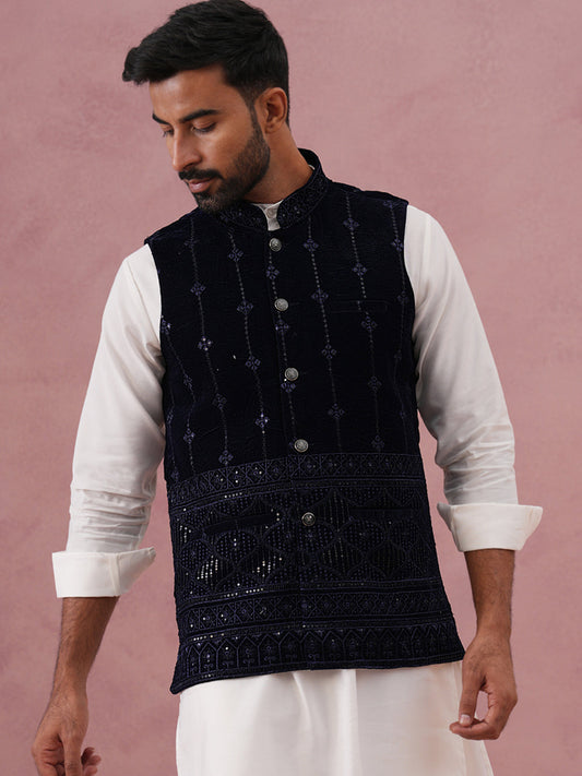 Velvet Sequin Embroidered Nehru Jacket ( JOWC 4146 Navy )