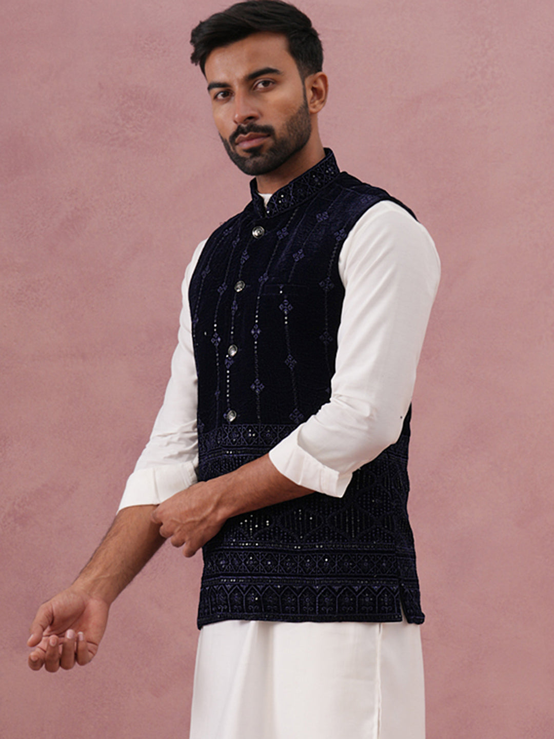 Velvet Sequin Embroidered Nehru Jacket ( JOWC 4146 Navy )