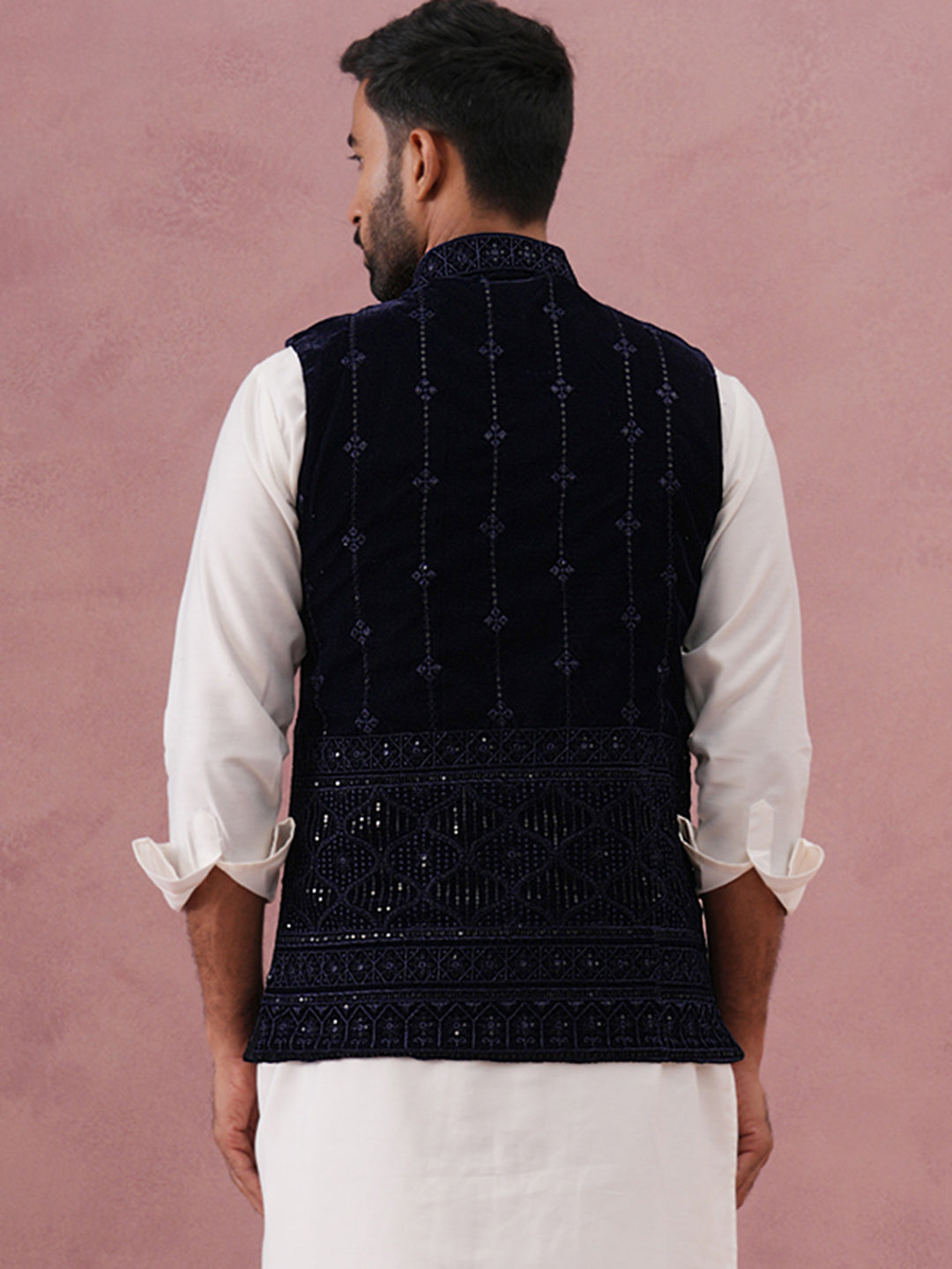 Velvet Sequin Embroidered Nehru Jacket ( JOWC 4146 Navy )