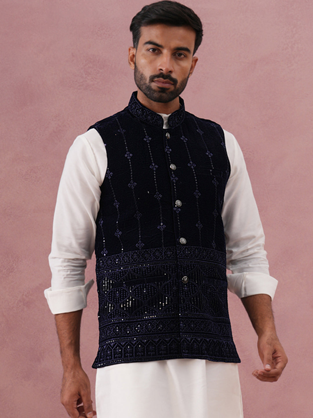 Velvet Sequin Embroidered Nehru Jacket ( JOWC 4146 Navy )