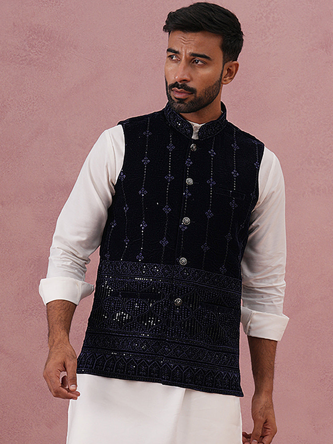 Velvet Sequin Embroidered Nehru Jacket ( JOWC 4146 Navy )