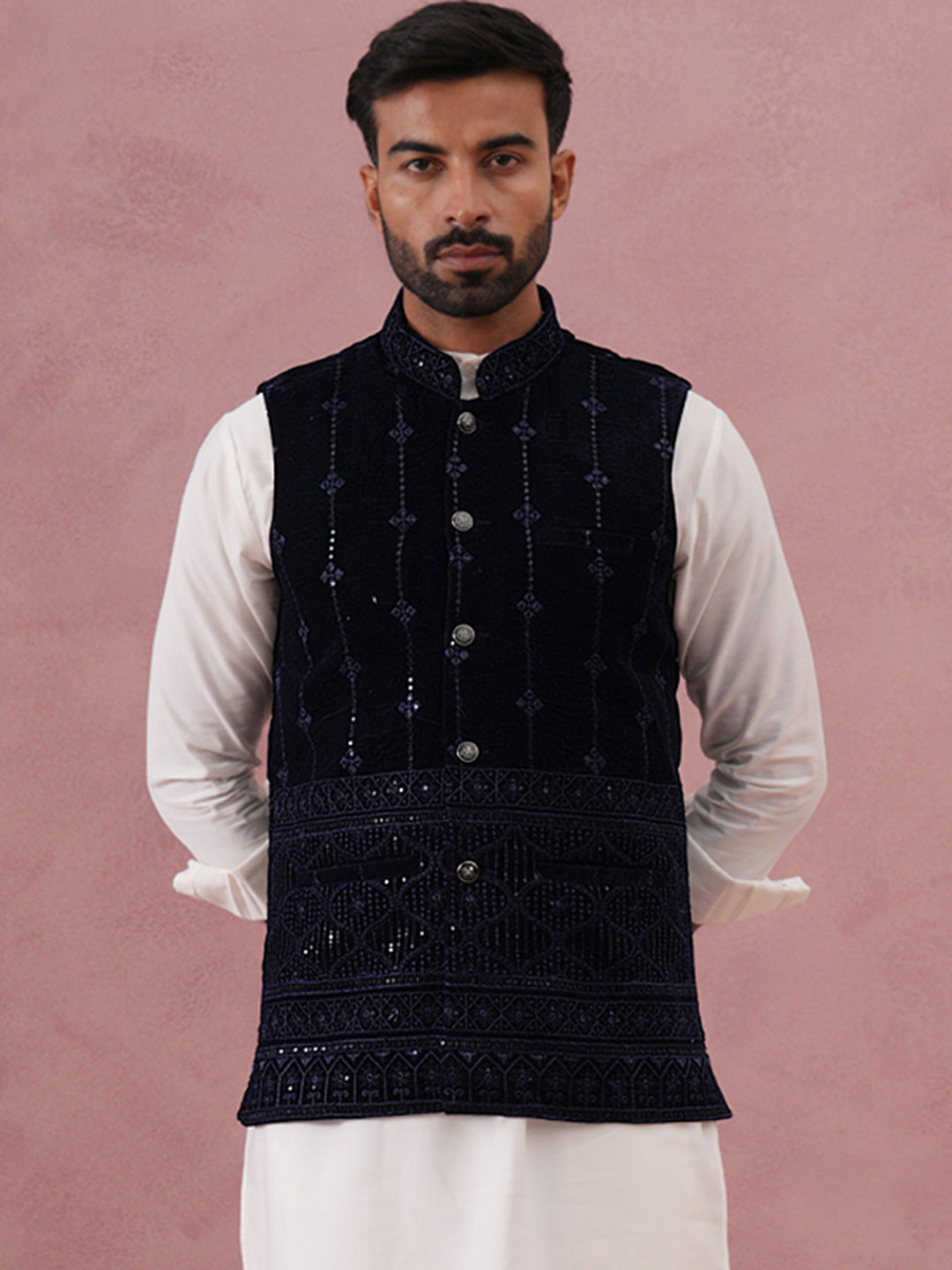 Velvet Sequin Embroidered Nehru Jacket ( JOWC 4146 Navy )