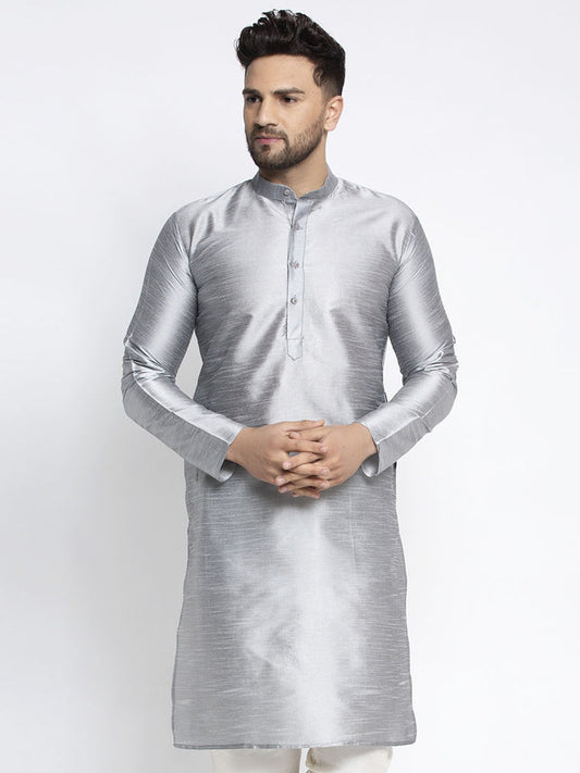 Jompers Men's Silver Solid Dupion Silk Kurta Only ( KO 636Silver )