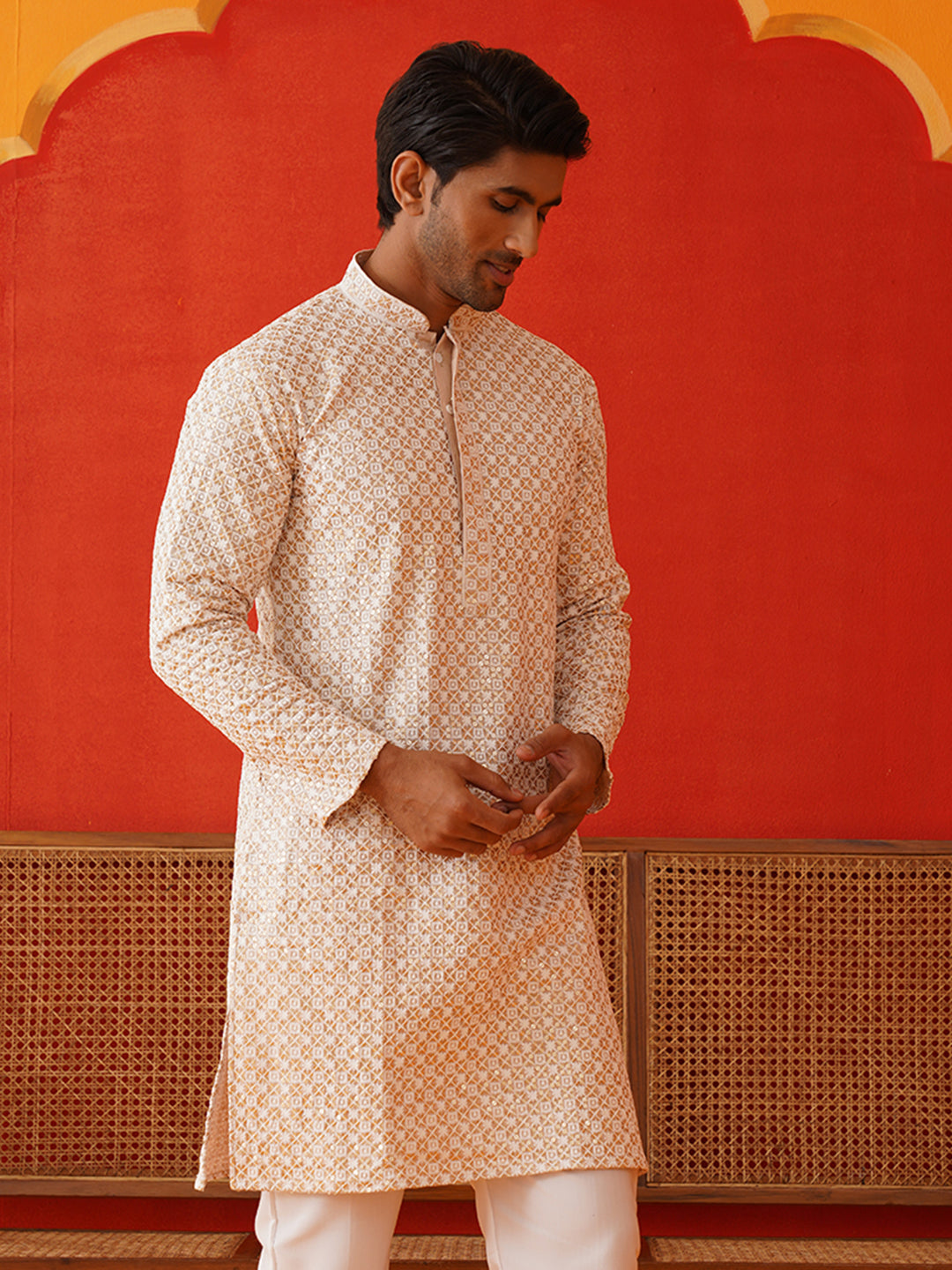 Sequins & Embroidered Kurtas For Men ( KKO 5128Beige )