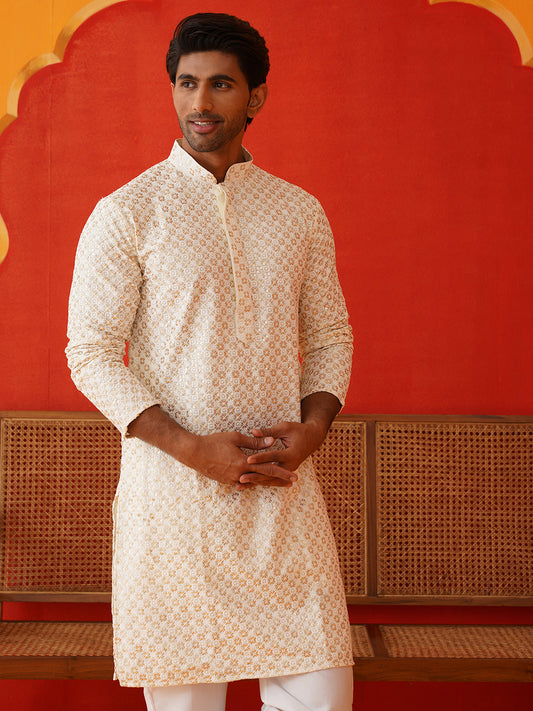 Sequins & Embroidered Kurtas For Men ( KKO 5128Cream )