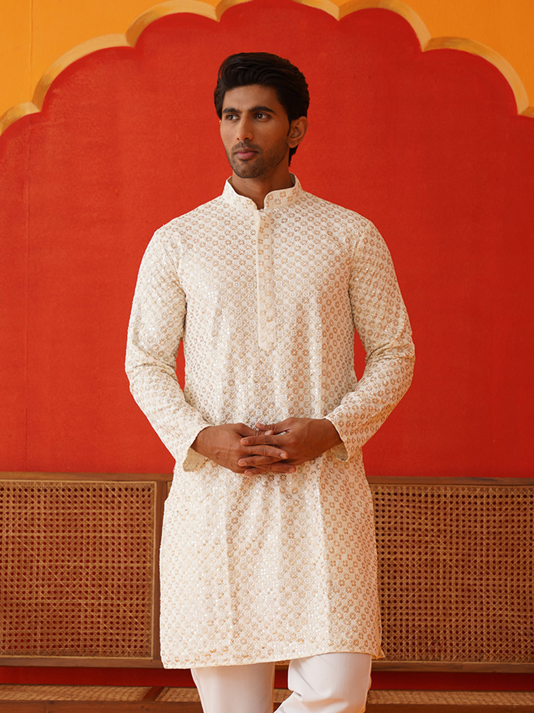 Sequins & Embroidered Kurtas For Men ( KKO 5128Cream )