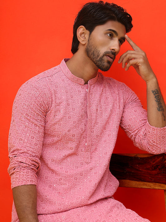 Sequin Embroidered Pure Cotton Kurtas ( KO 5006 Coral )