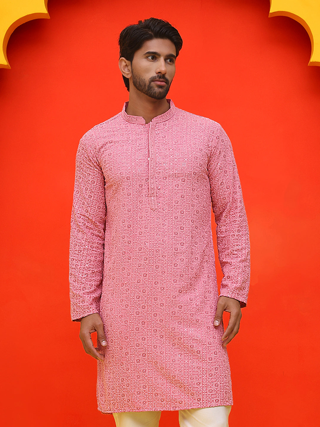 Sequin Embroidered Pure Cotton Kurtas ( KO 5006 Coral )