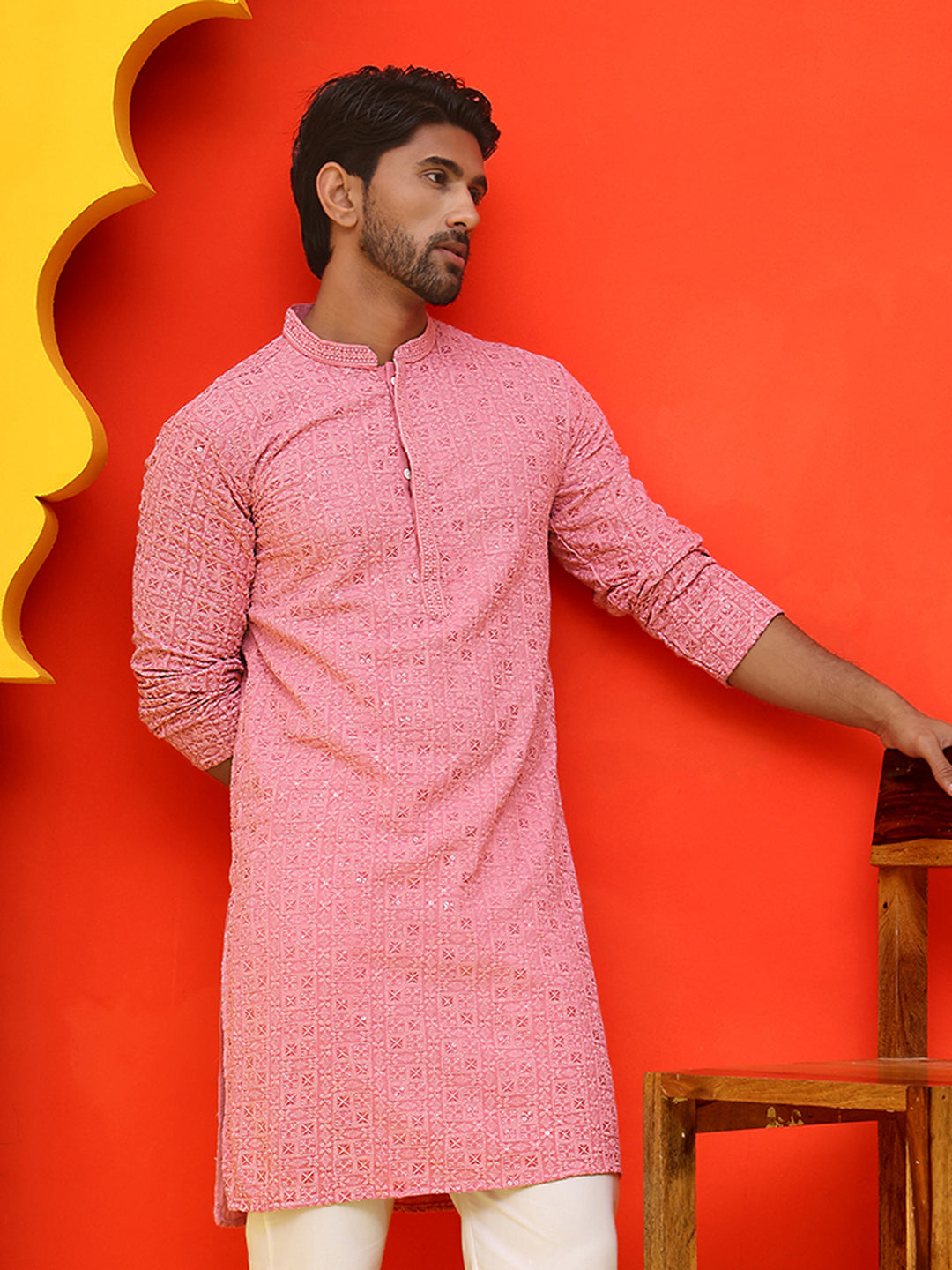 Sequin Embroidered Pure Cotton Kurtas ( KO 5006 Coral )