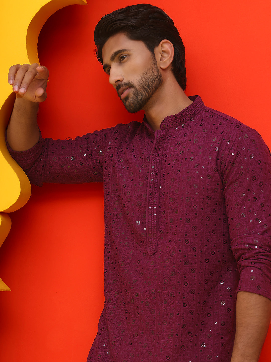 Sequin Embroidered Pure Cotton Kurtas ( KO 5006 Purple )