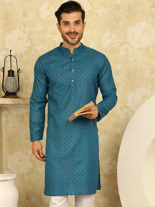 Men's Printed Cotton Kurtas ( KO 5012 Blue )