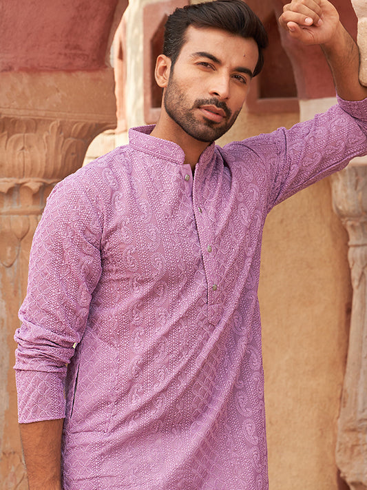 Men's Chikankari Embroidered Kurtas ( KO 5021 Purple )