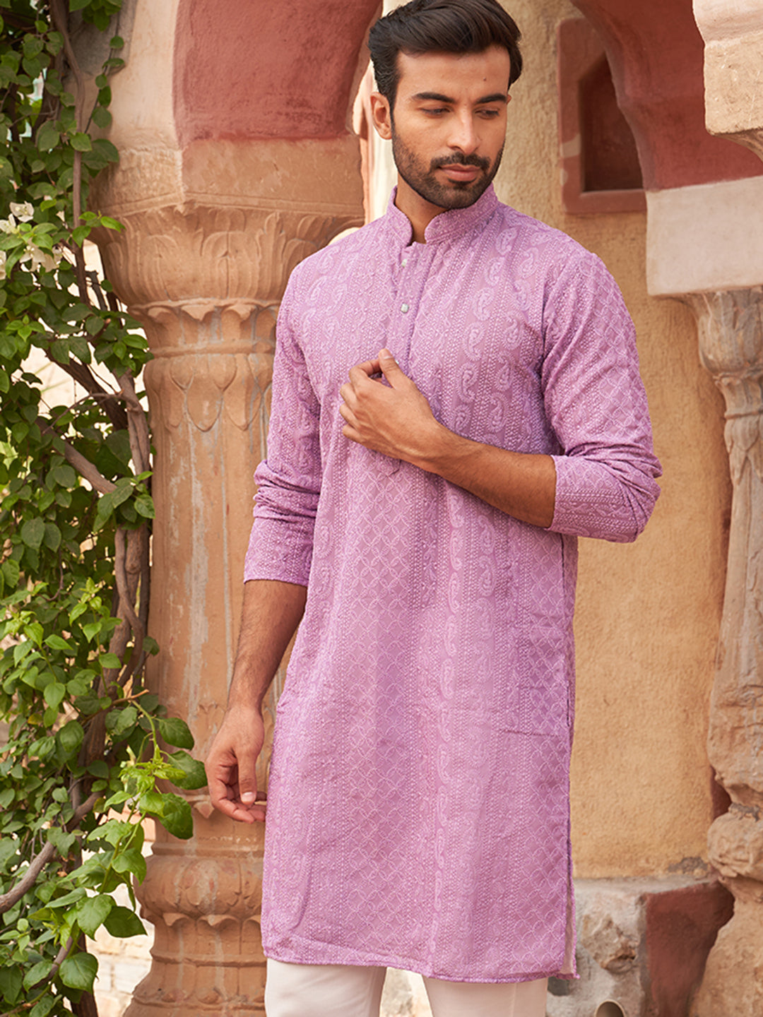 Men's Chikankari Embroidered Kurtas ( KO 5021 Purple )