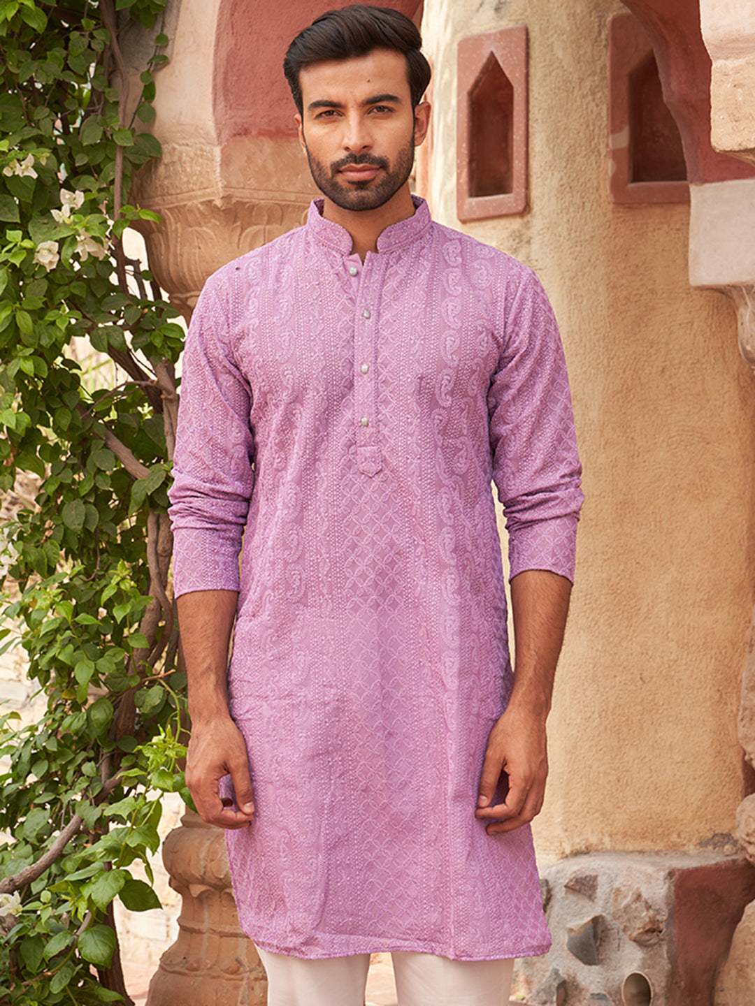 Men's Chikankari Embroidered Kurtas ( KO 5021 Purple )