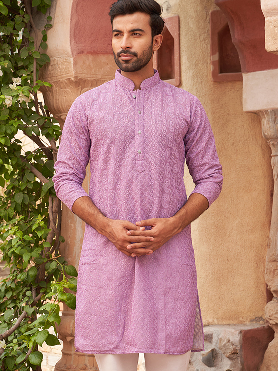 Men's Chikankari Embroidered Kurtas ( KO 5021 Purple )