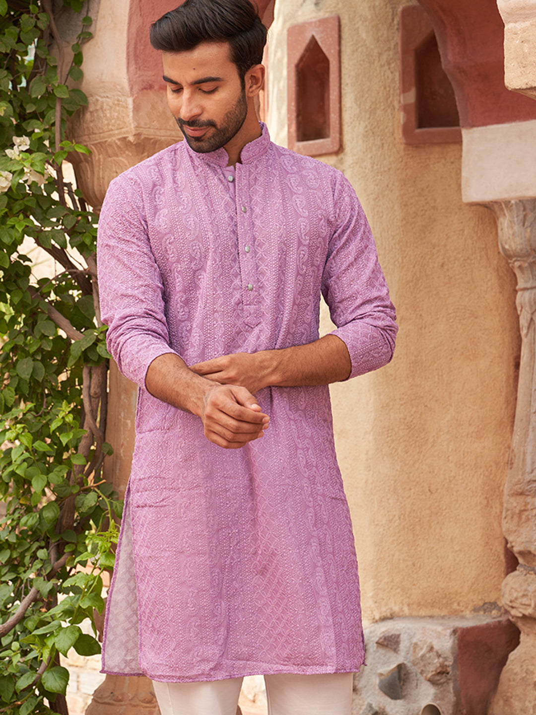 Men's Chikankari Embroidered Kurtas ( KO 5021 Purple )