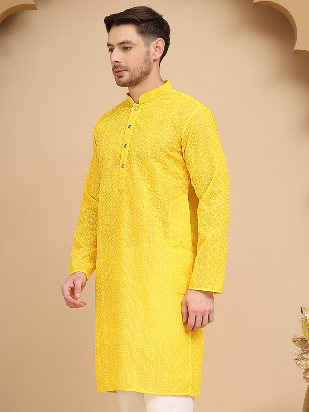 Men's Embroidered Kurtas ( KO 5021 Yellow )