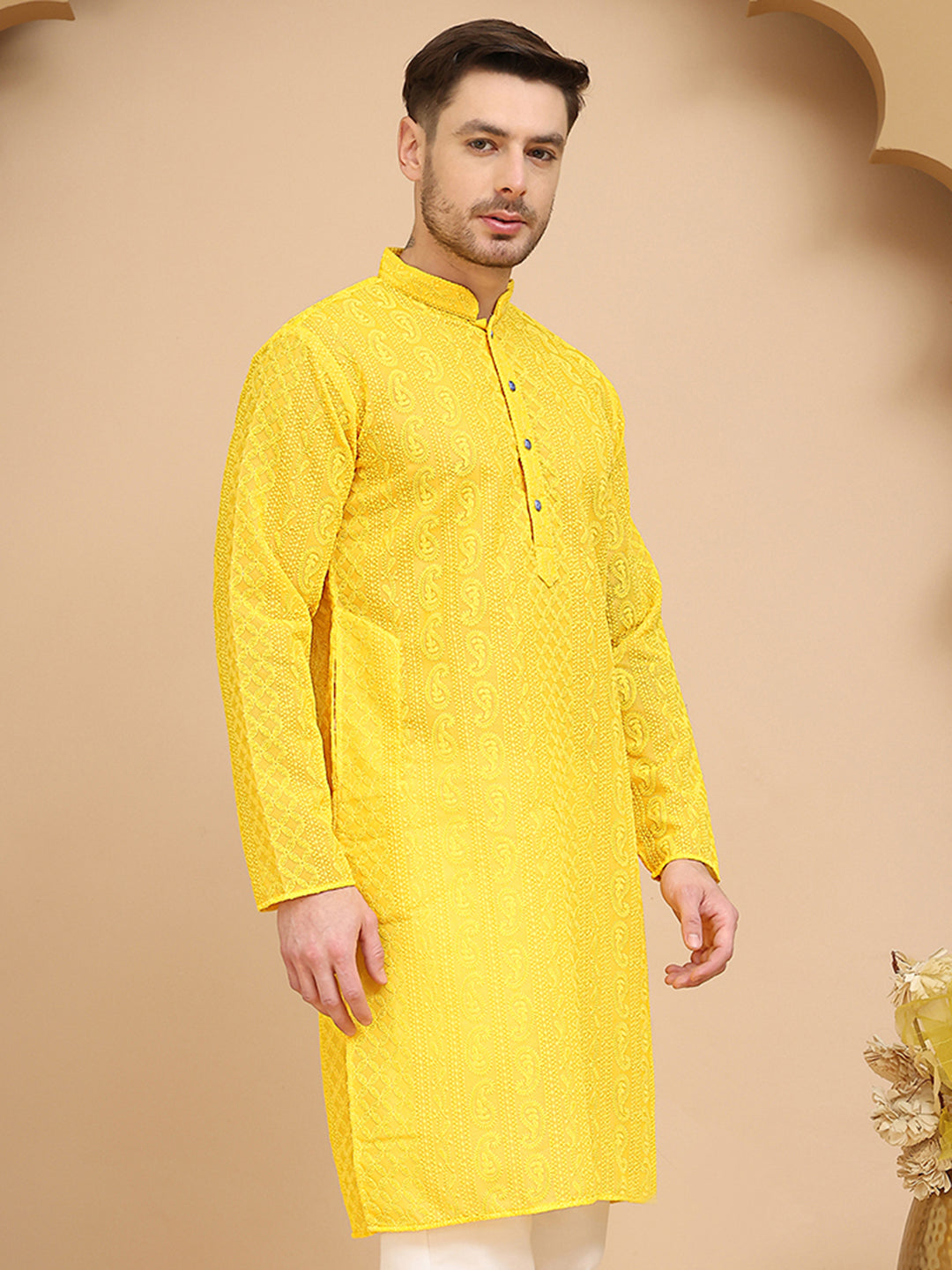Men's Embroidered Kurtas ( KO 5021 Yellow )