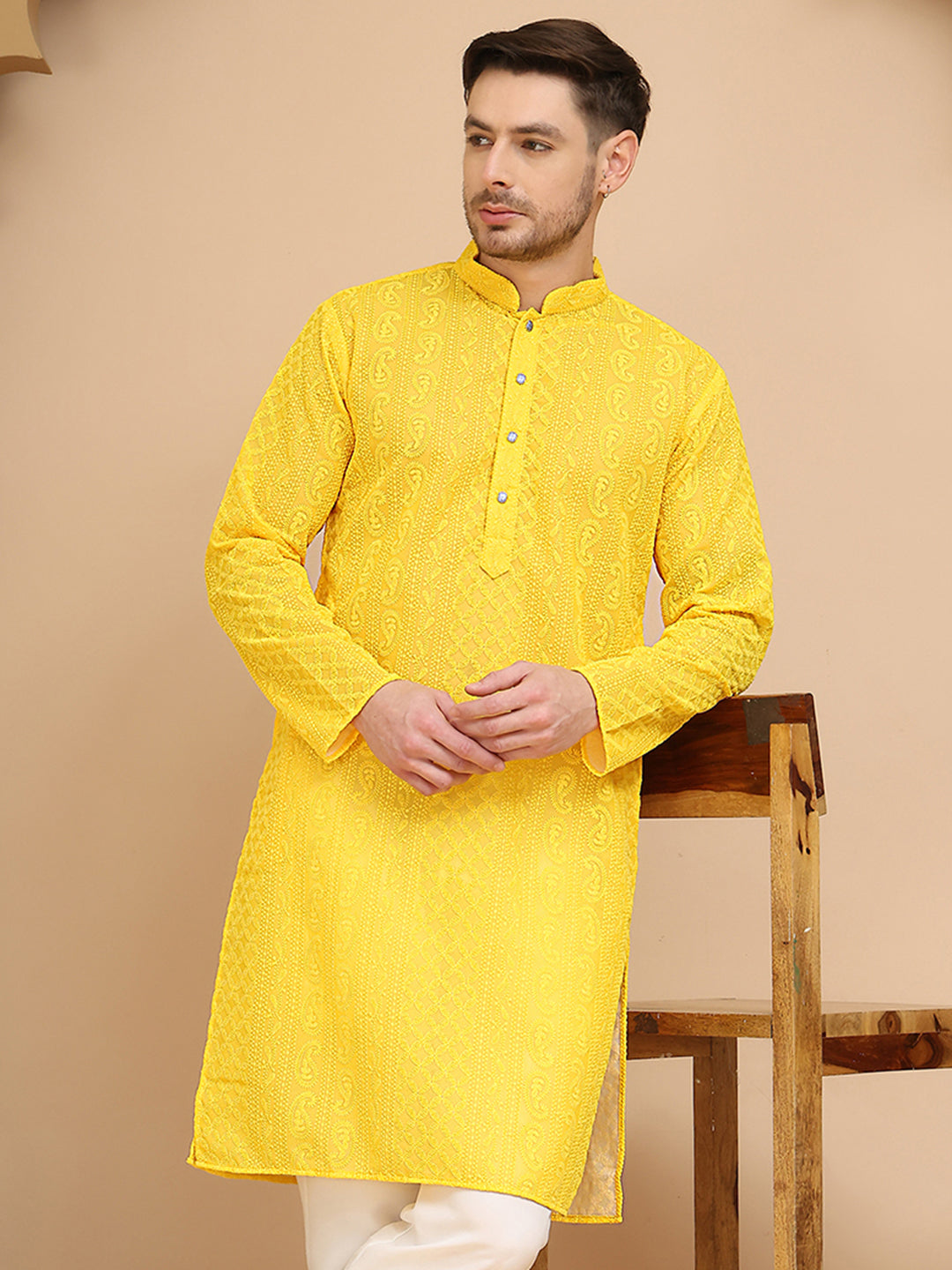 Men's Embroidered Kurtas ( KO 5021 Yellow )