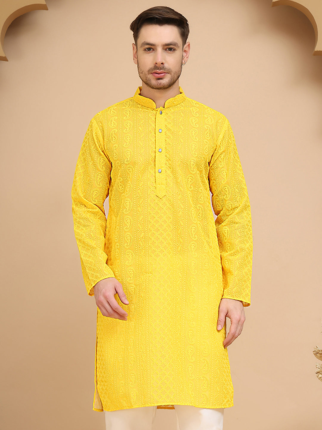 Men's Embroidered Kurtas ( KO 5021 Yellow )