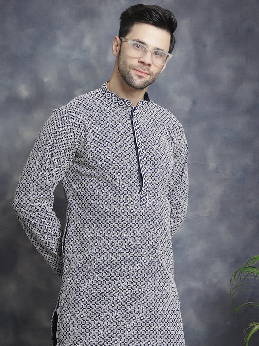 Sequin Embroidered Pure Cotton Kurtas ( KO 5028Navy ) [FF] [I-1-4]
