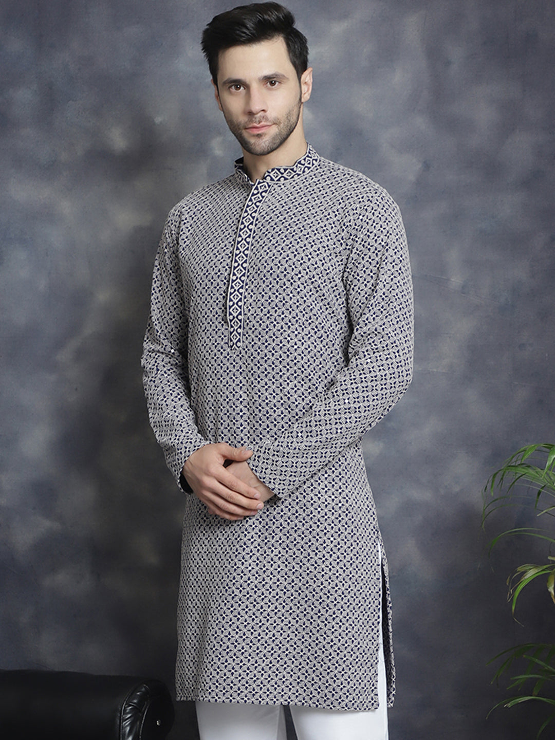 Sequin Embroidered Pure Cotton Kurtas ( KO 5028Navy ) [FF] [I-1-4]