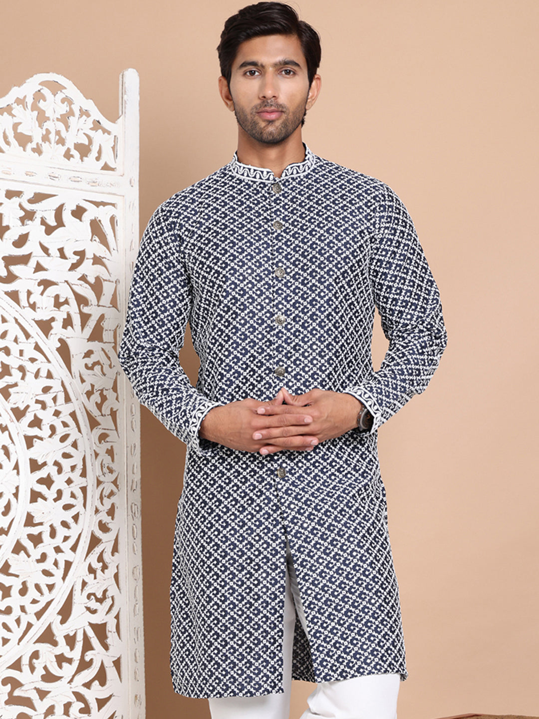 Sequin Chikankari Front Open Kurtas ( KO 5029Navy )
