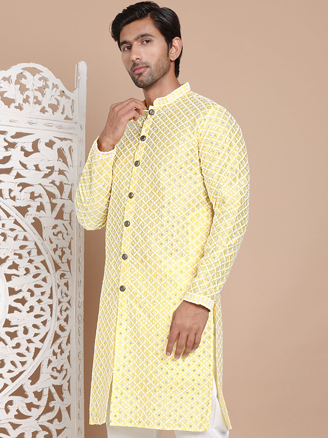 Sequin Chikankari Front Open Kurtas ( KO 5029Yellow )