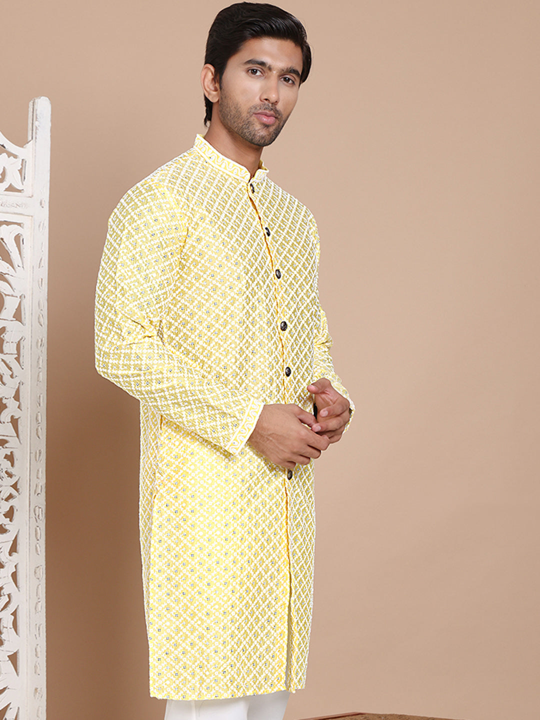 Sequin Chikankari Front Open Kurtas ( KO 5029Yellow )