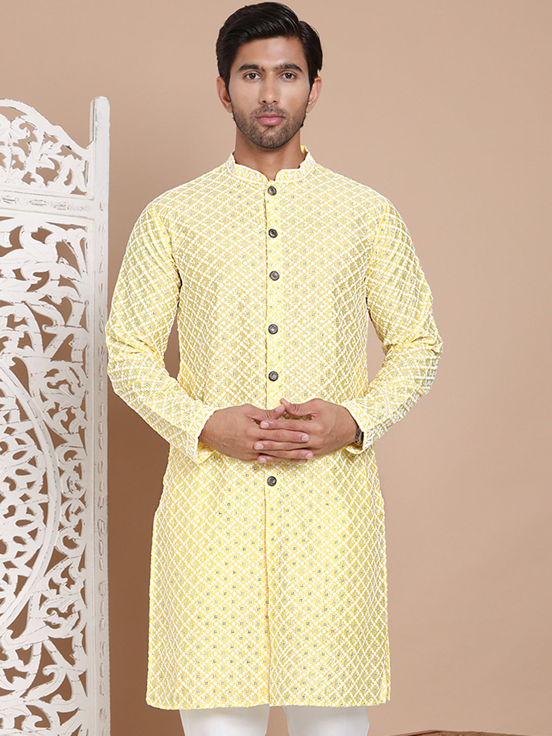Sequin Chikankari Front Open Kurtas ( KO 5029Yellow )